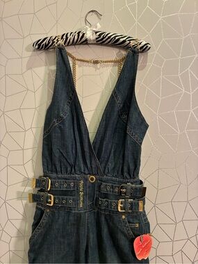 Y2K APPLE BOTTOMS BY NELLY denim jumpsuit open back gold chains SZ 3/4 NWT
